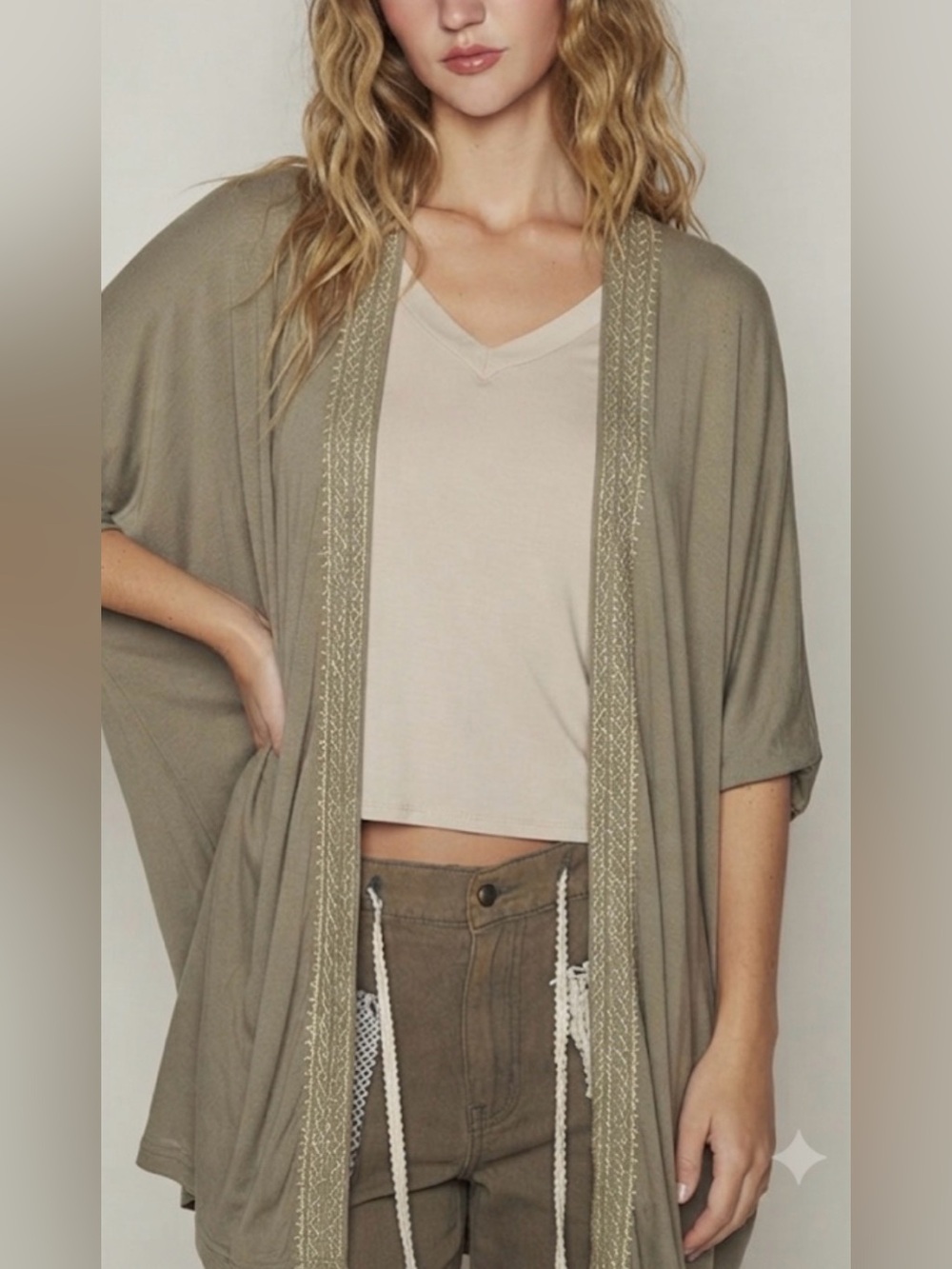 POL Olive Green Embroidered Long Line Kimono Cardigan Size Small
